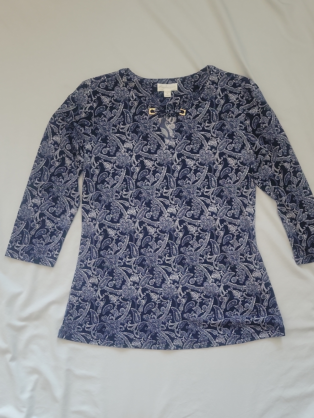 Paisley-Print Navy Long Sleeve Top with Gold Grommet Detail